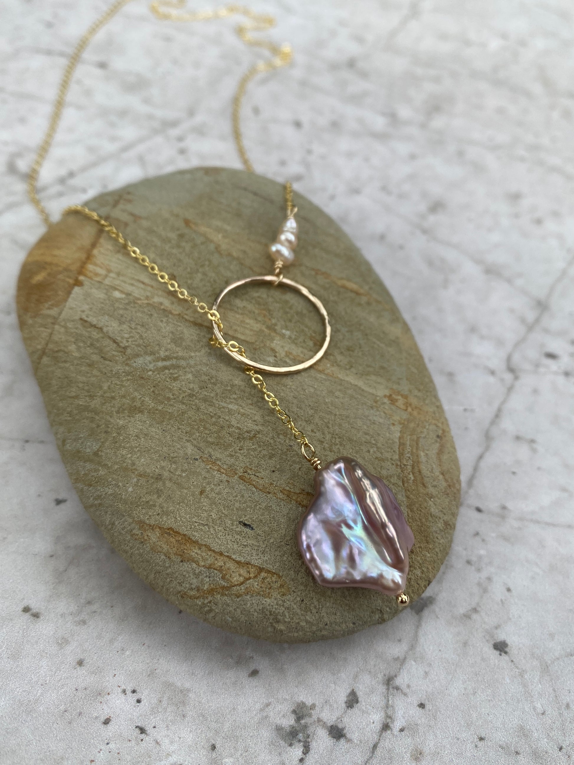 Pink pearl dainty lariat adjustable necklace 
