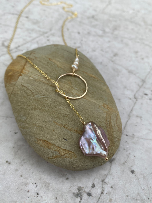 Pink pearl dainty lariat adjustable necklace 