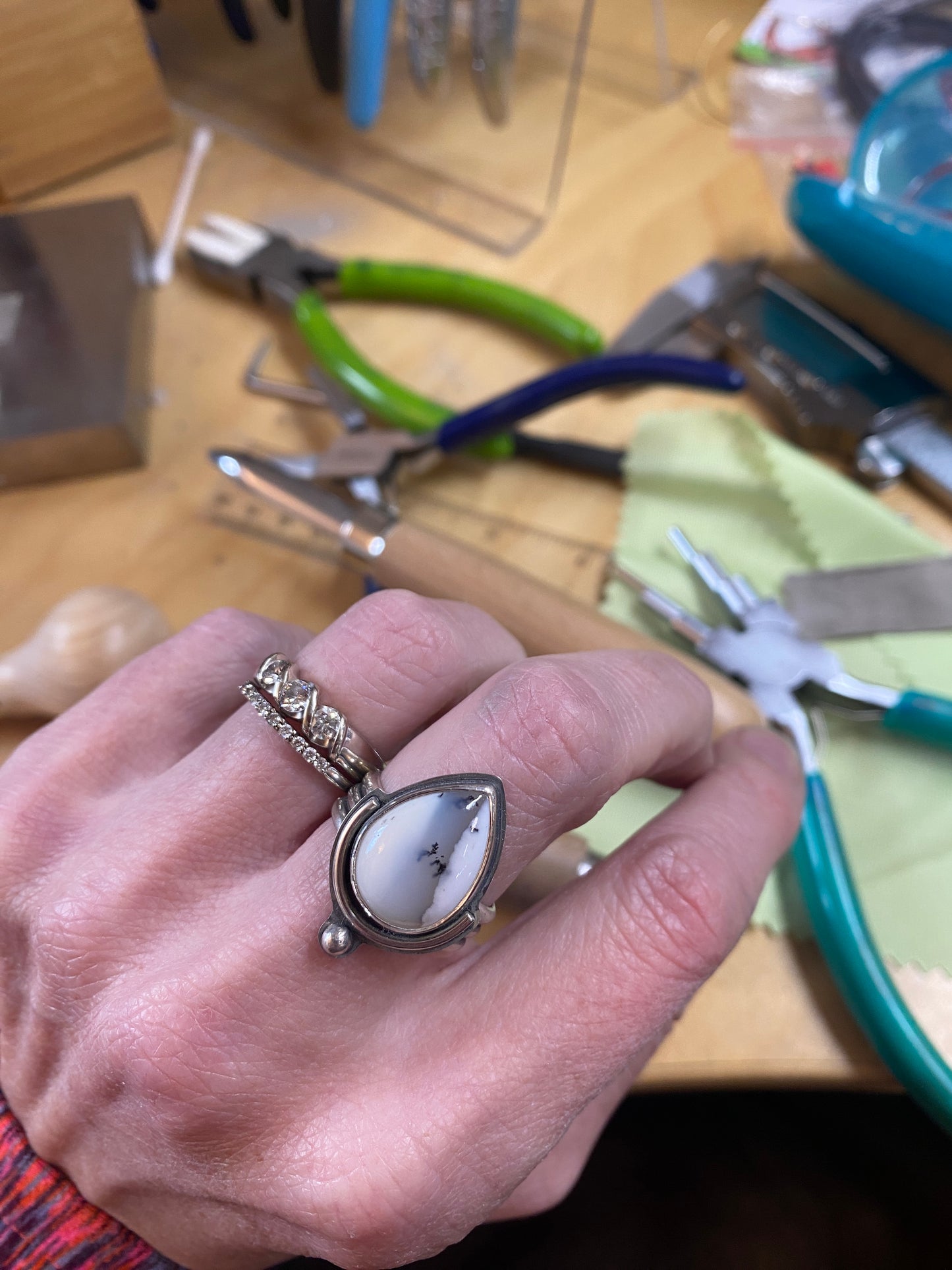 Dendritic Opal ring, size 8, triple band silver ring