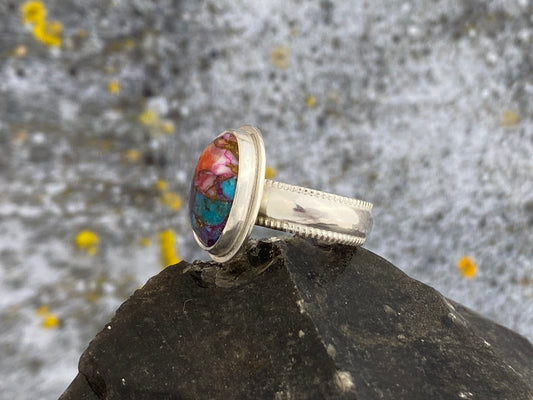 Spiny Oyster Copper Turquoise ring, size 6, wide band silver ring