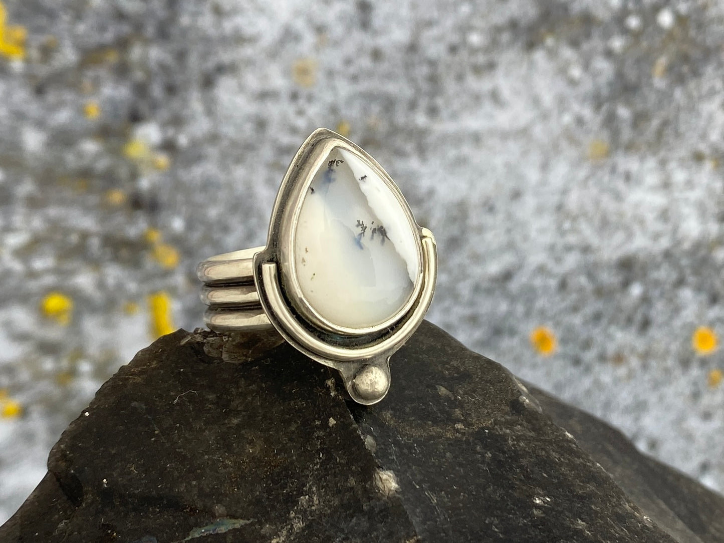 Dendritic Opal ring, size 8, triple band silver ring