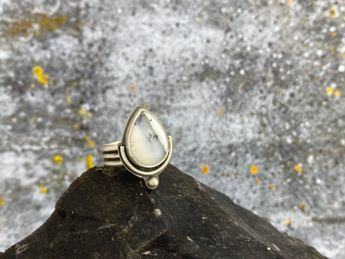 Dendritic Opal ring, size 8, triple band silver ring