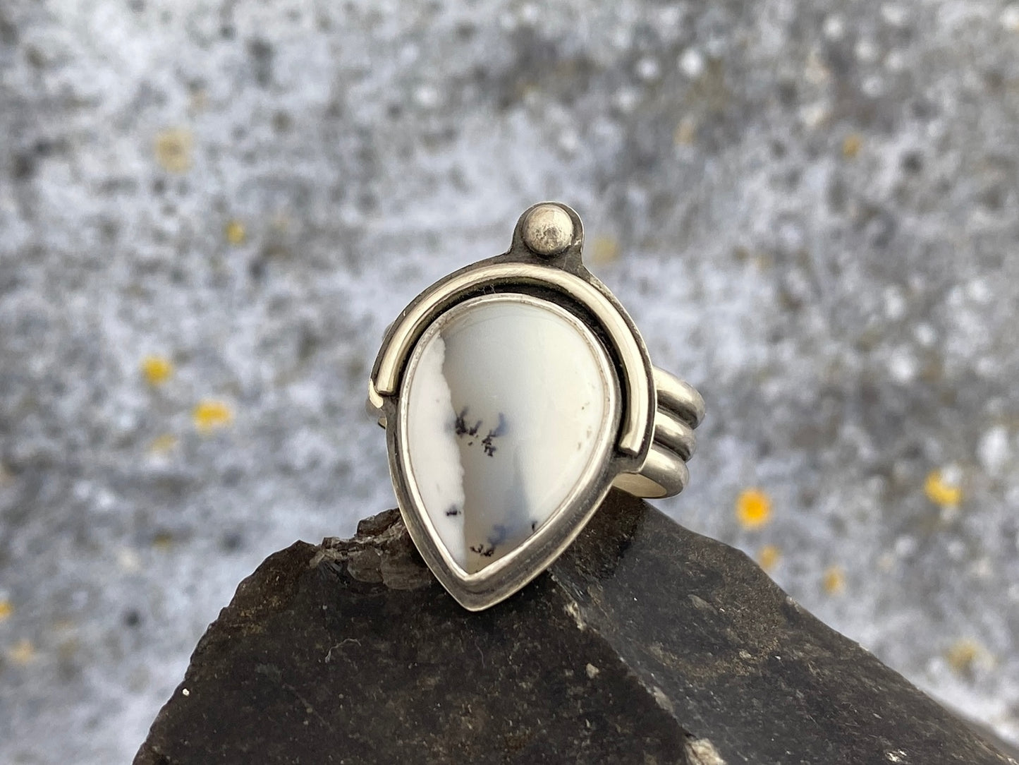 Dendritic Opal ring, size 8, triple band silver ring