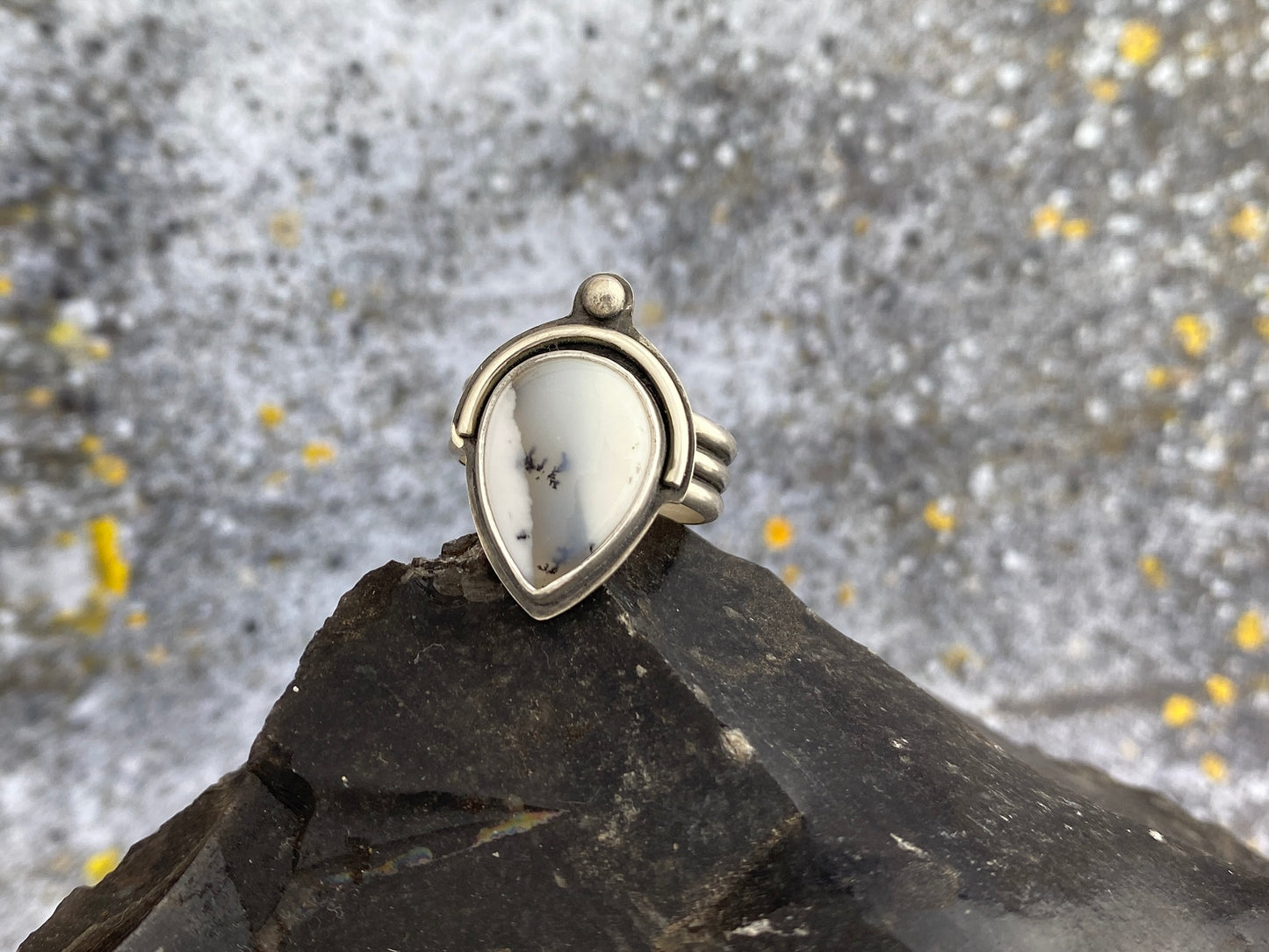 Dendritic Opal ring, size 8, triple band silver ring