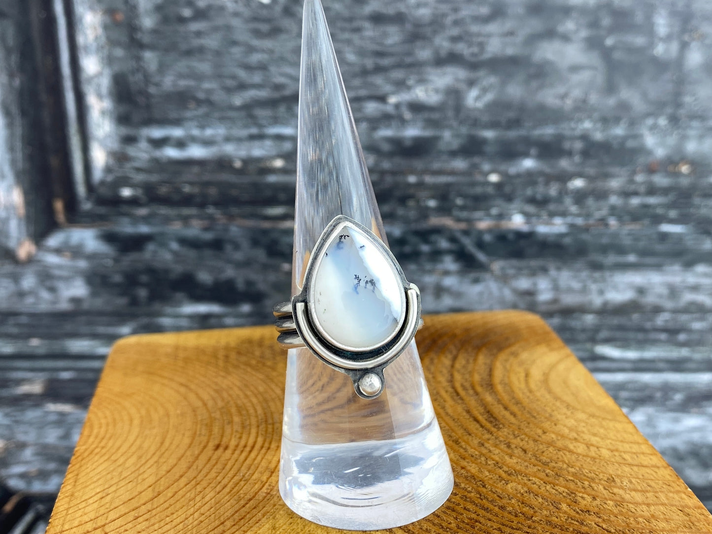 Dendritic Opal ring, size 8, triple band silver ring