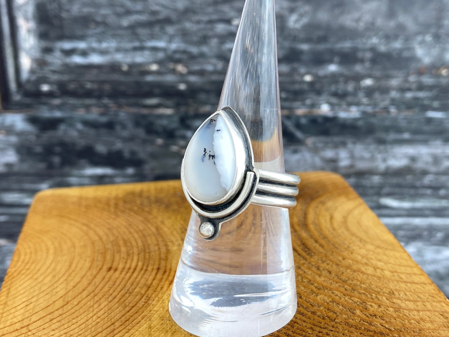 Dendritic Opal ring, size 8, triple band silver ring