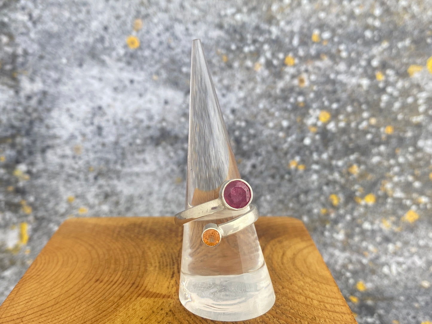 Pink Sapphire and Mandarin garnet bypass ring, size 8 3/4, comfort fit band