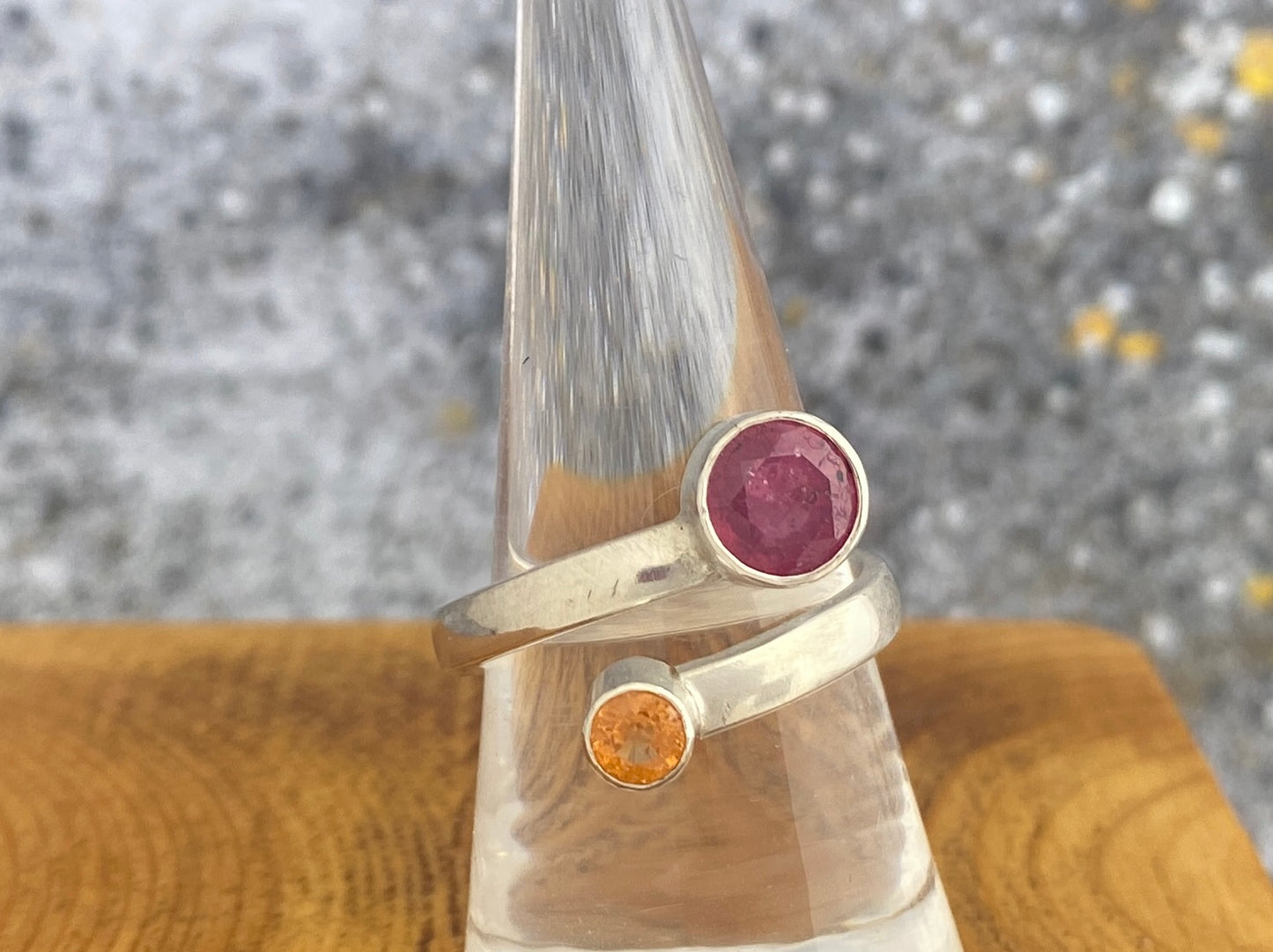 Pink Sapphire and Mandarin garnet bypass ring, size 8 3/4, comfort fit band