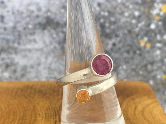 Pink Sapphire and Mandarin garnet bypass ring, size 8 3/4, comfort fit band