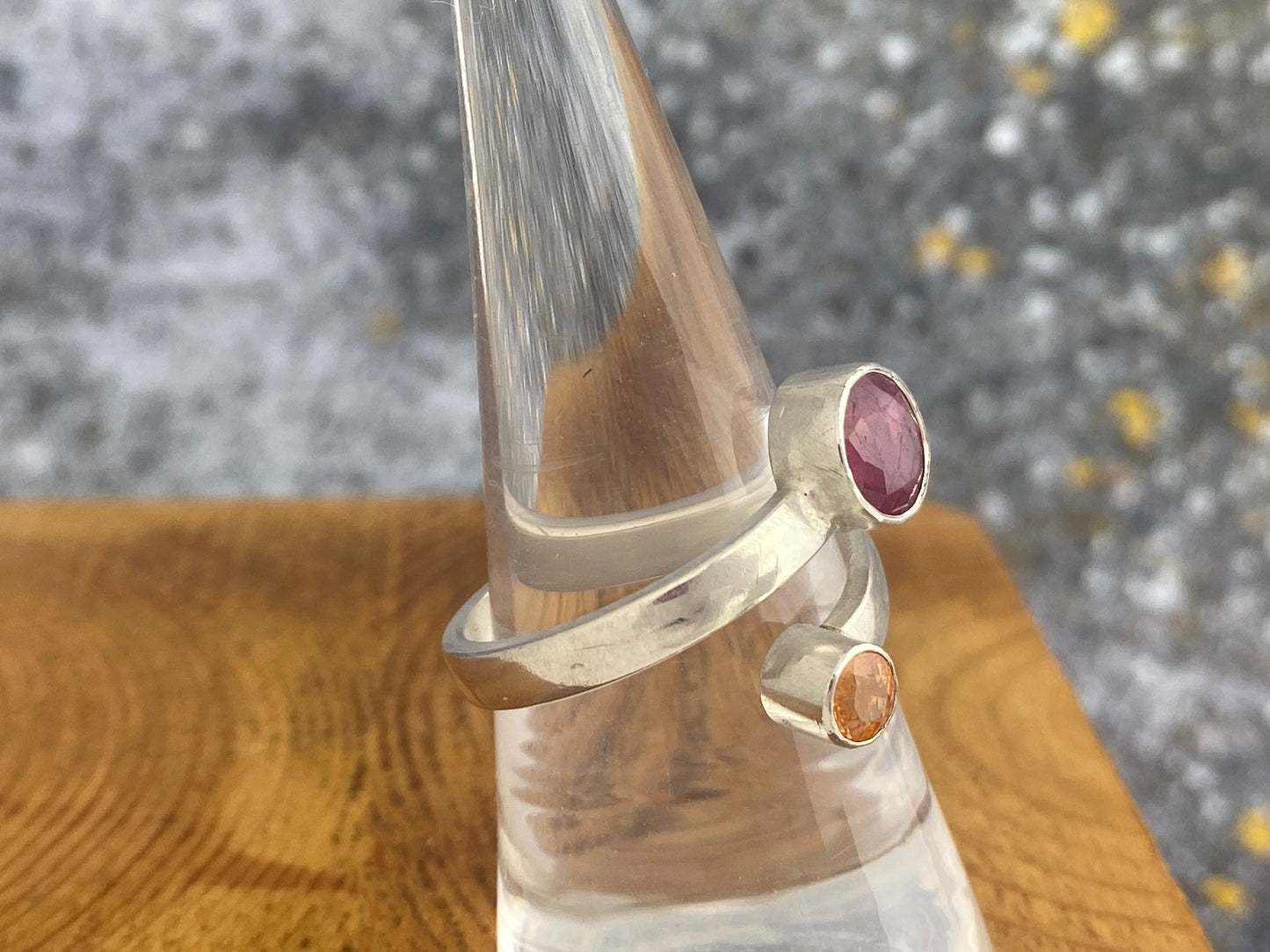 Pink Sapphire and Mandarin garnet bypass ring, size 8 3/4, comfort fit band