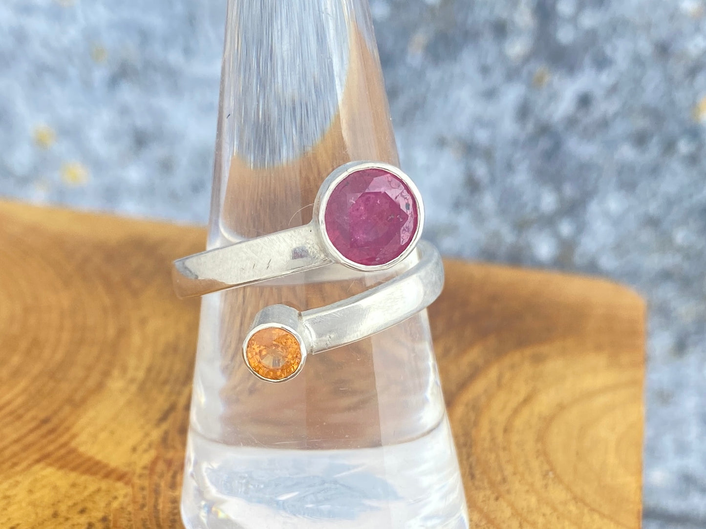 Pink Sapphire and Mandarin garnet bypass ring, size 8 3/4, comfort fit band