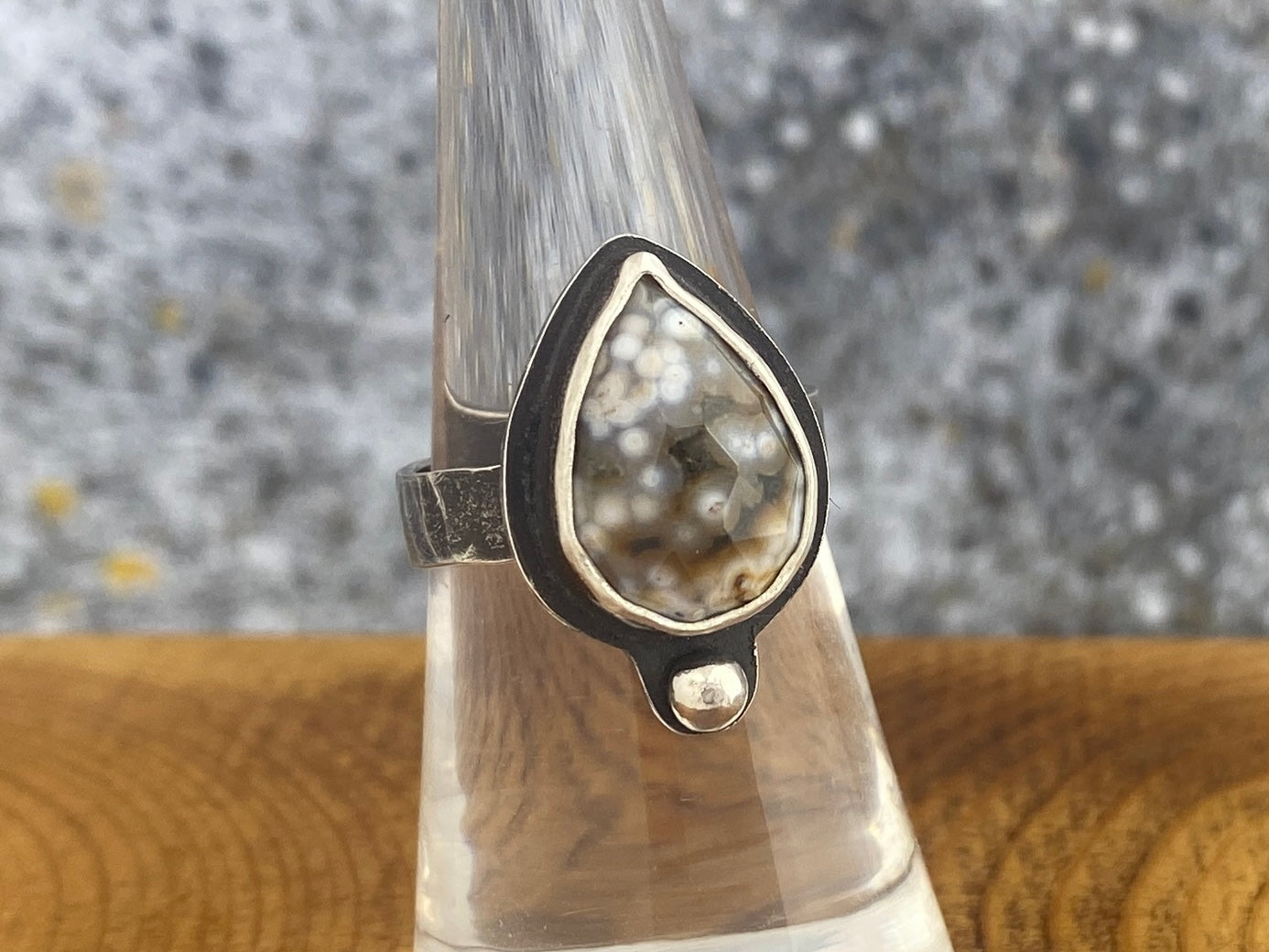 Ocean Jasper ring, size 6 1/4, hammered silver band