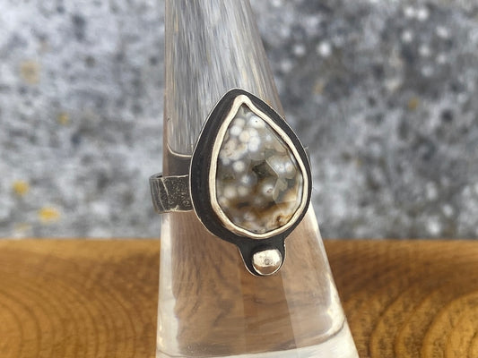 Ocean Jasper ring, size 6 1/4, hammered silver band