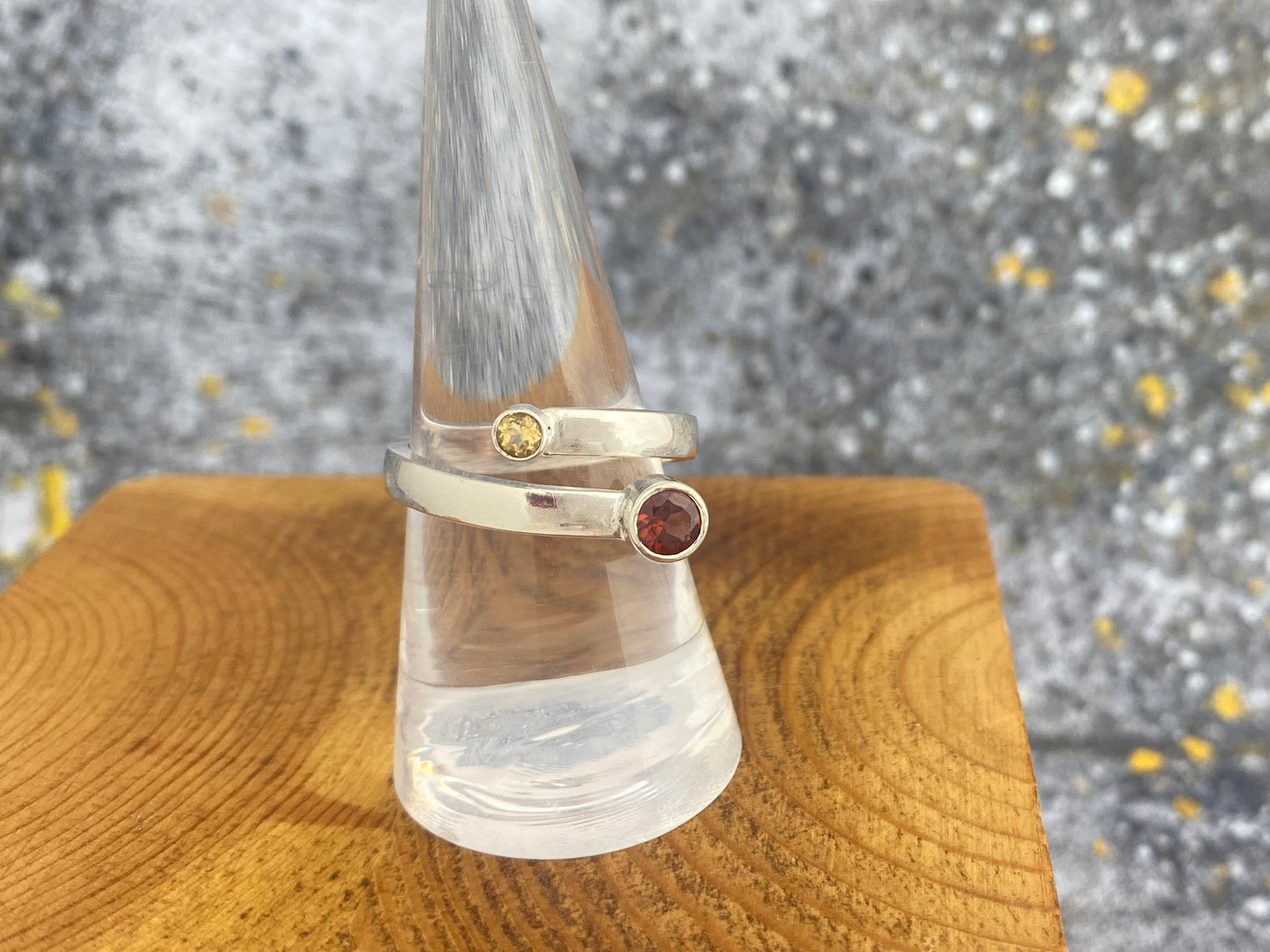 Garnet and Citrine bypass ring, size 8.5, comfort fit band