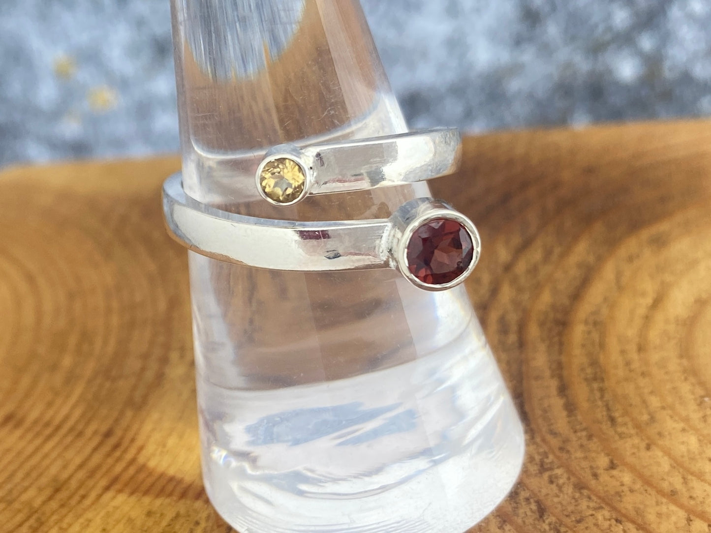 Garnet and Citrine bypass ring, size 8.5, comfort fit band