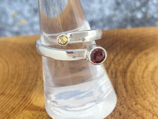 Garnet and Citrine bypass ring, size 8.5, comfort fit band