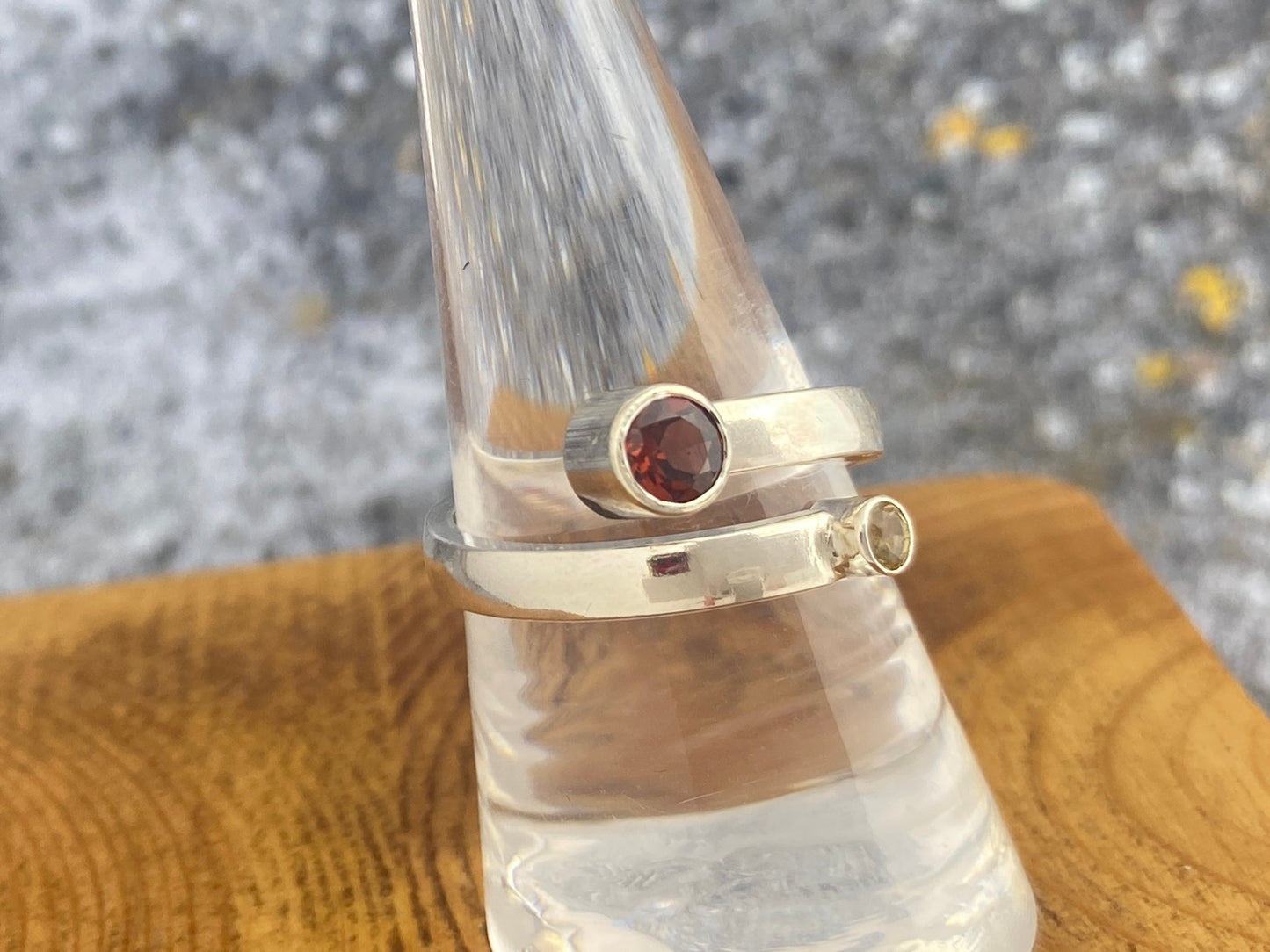 Garnet and Citrine bypass ring, size 8.5, comfort fit band