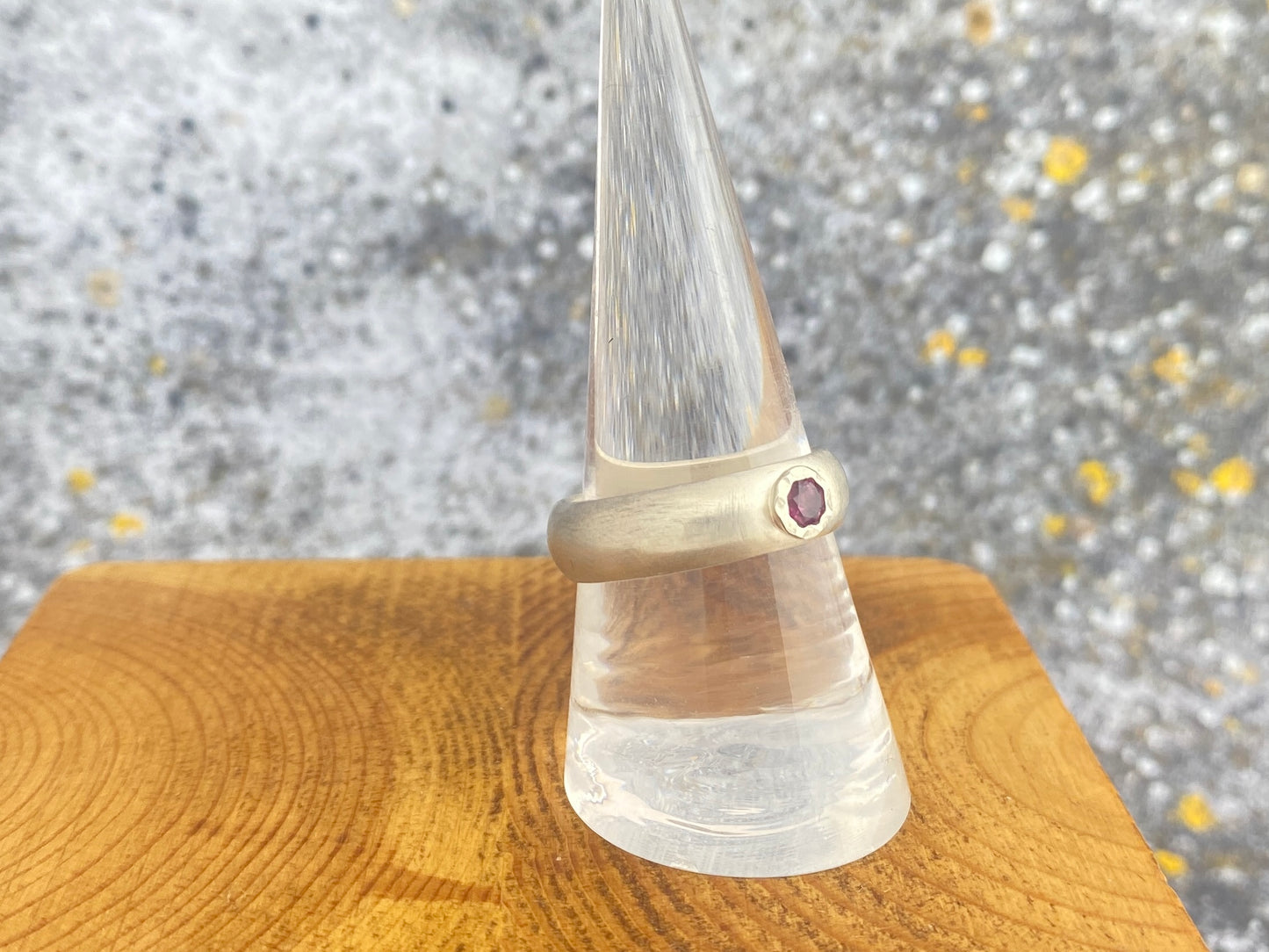 Rhodolite garnet ring, size 9 1/4, brushed silver comfort fit band