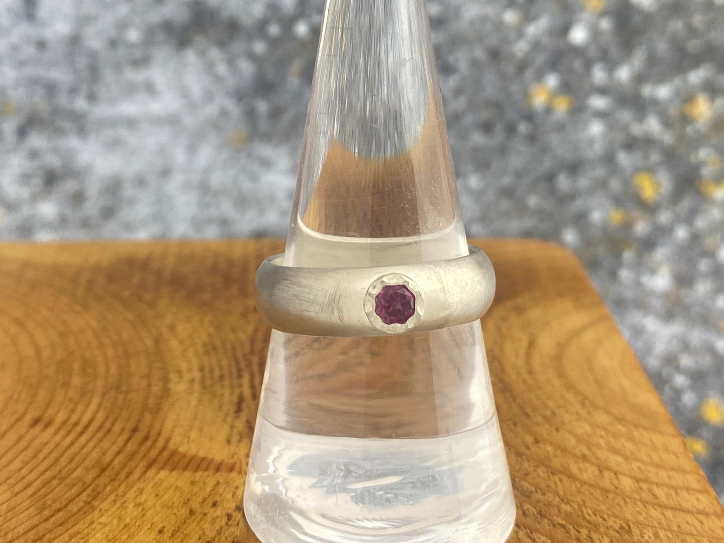 Rhodolite garnet ring, size 9 1/4, brushed silver comfort fit band