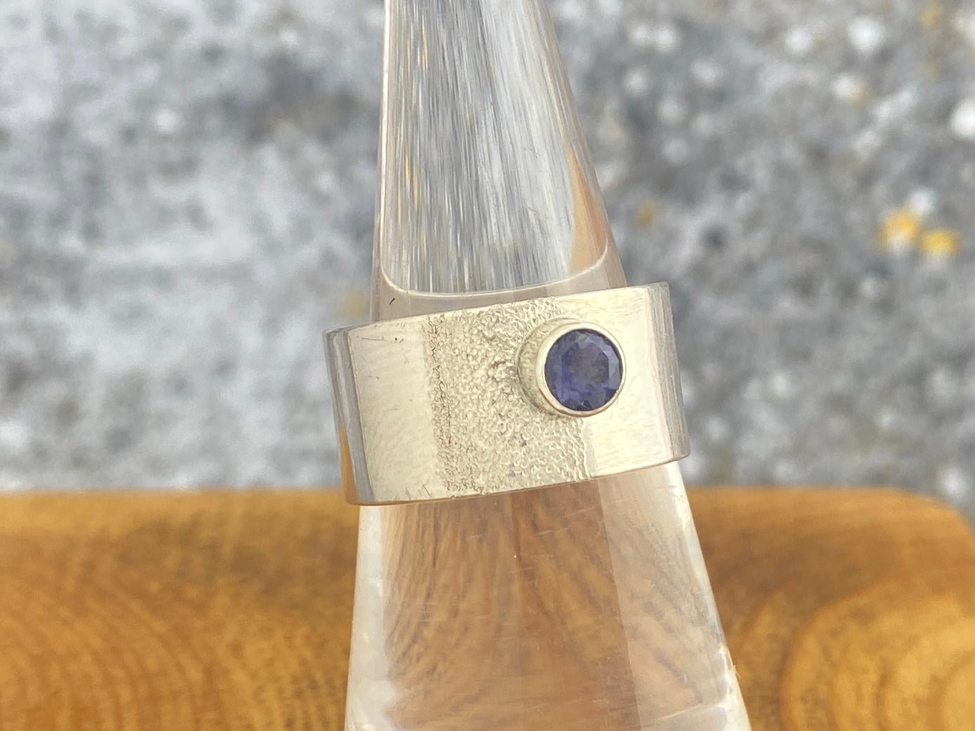 Iolite wide band ring, size 6.5, purple-blue silver ring, wide silver band
