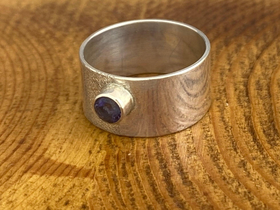Iolite wide band ring, size 6.5, purple-blue silver ring, wide silver band
