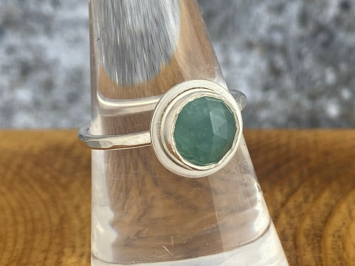 Grandidierite ring, size 7, hammered thin silver band