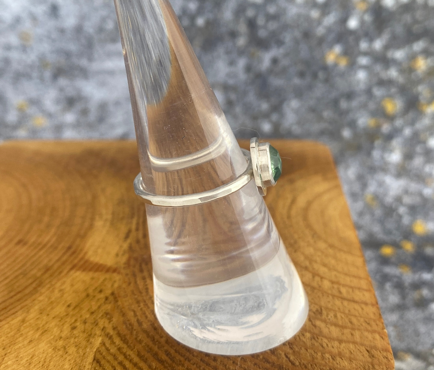 Green Kyanite ring, size 6.5, hammered thin silver band