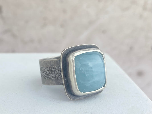 Aquamarine statement ring, size 7 3/4, wide comfort fit band
