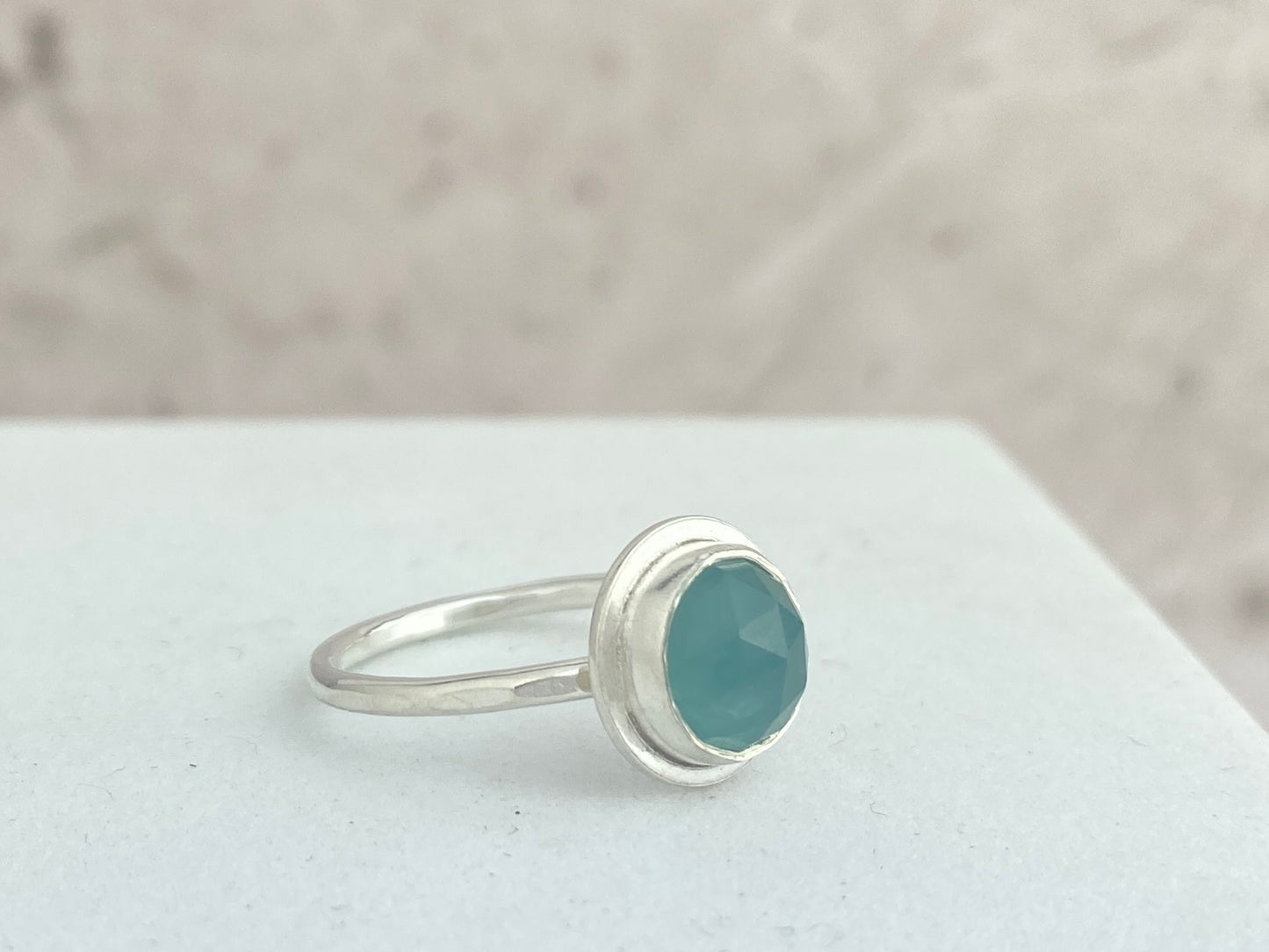 Grandidierite ring, size 7, hammered thin silver band