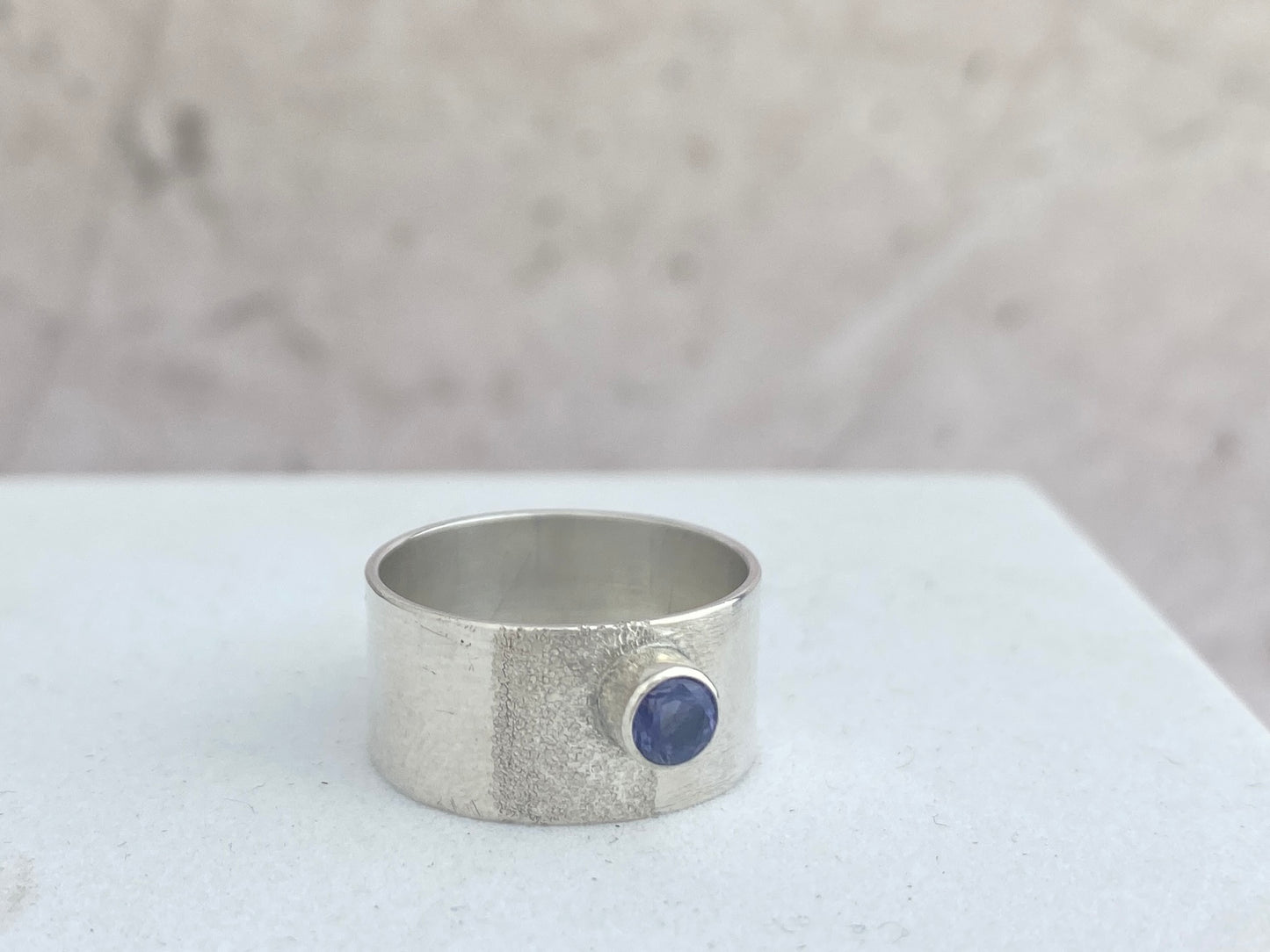 Iolite wide band ring, size 6.5, purple-blue silver ring, wide silver band