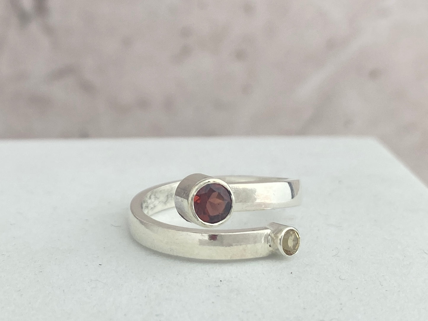 Garnet and Citrine bypass ring, size 8.5, comfort fit band