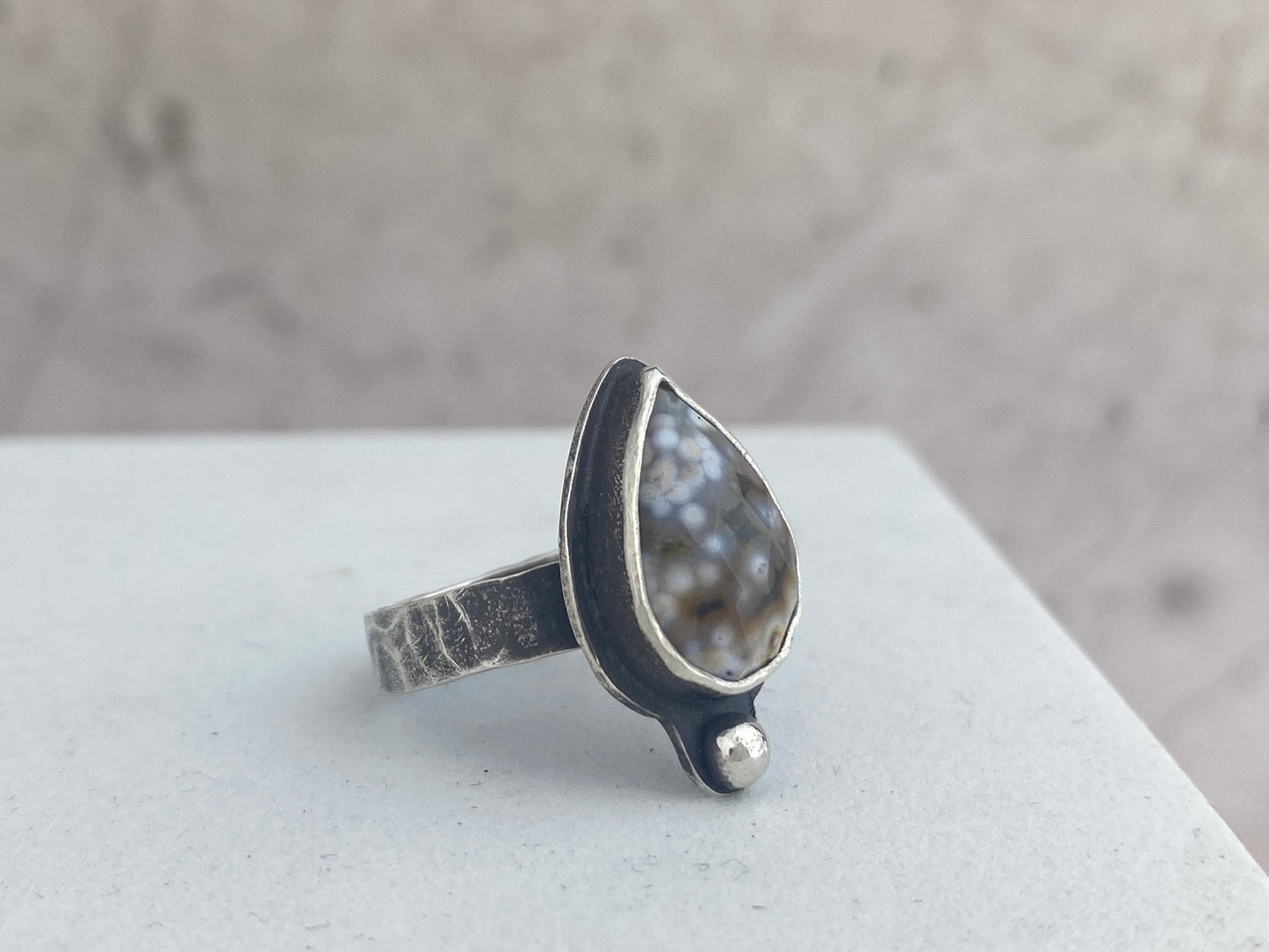 Ocean Jasper ring, size 6 1/4, hammered silver band