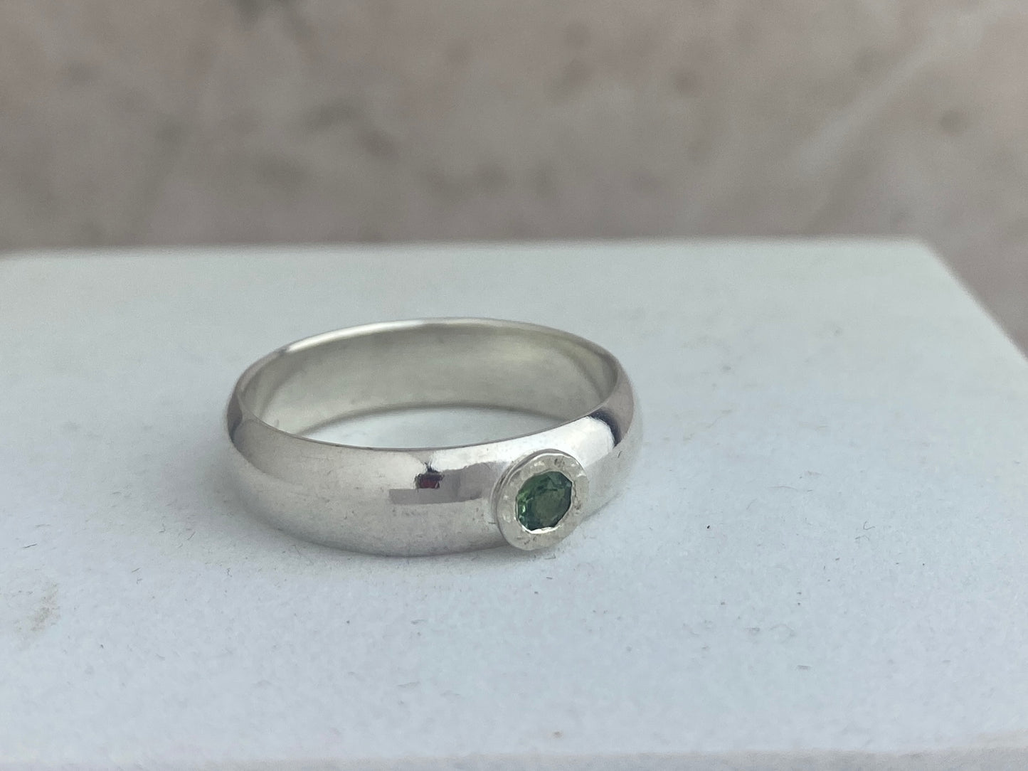 Green Tourmaline ring, size 11, polished silver comfort fit band