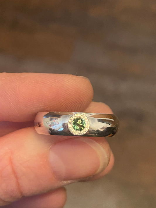 Green Tourmaline ring, size 11, polished silver comfort fit band