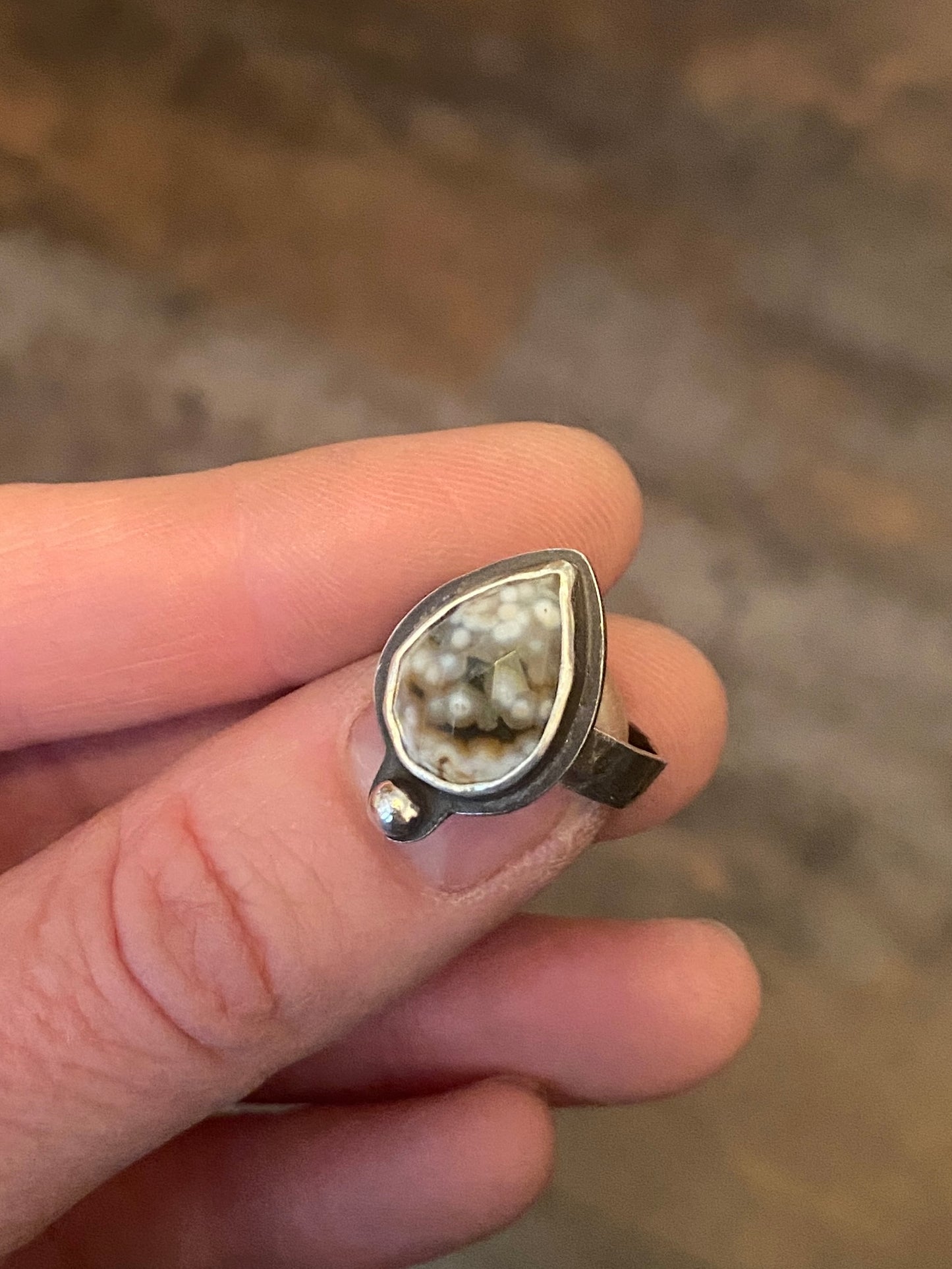 Ocean Jasper ring, size 6 1/4, hammered silver band