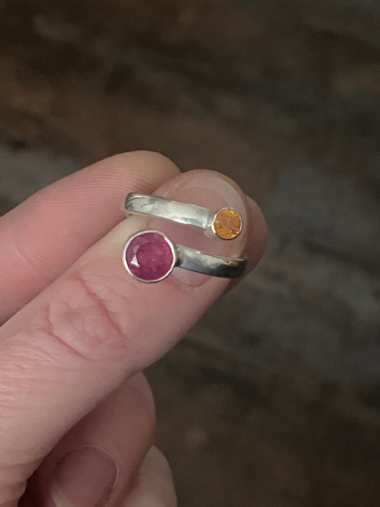 Pink Sapphire and Mandarin garnet bypass ring, size 8 3/4, comfort fit band