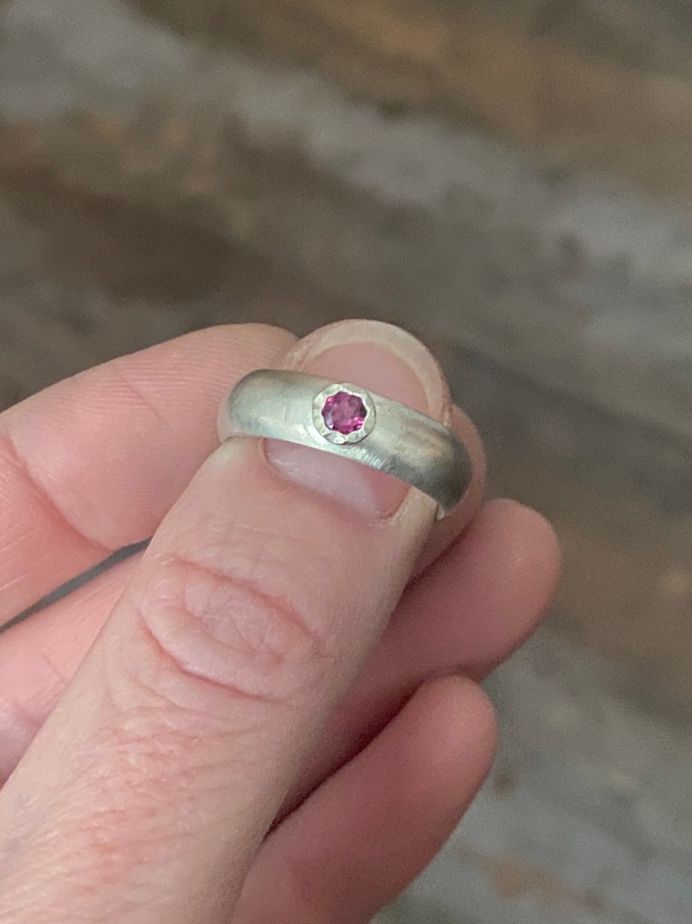 Rhodolite garnet ring, size 9 1/4, brushed silver comfort fit band