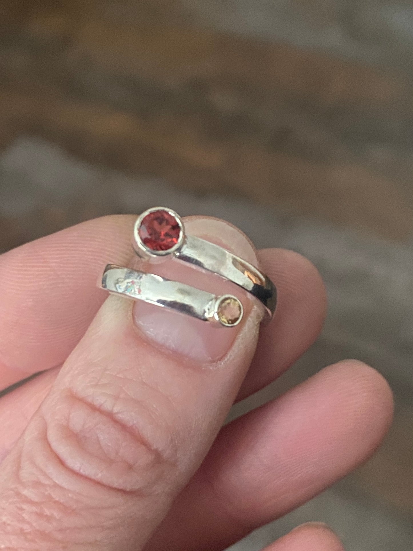 Garnet and Citrine bypass ring, size 8.5, comfort fit band