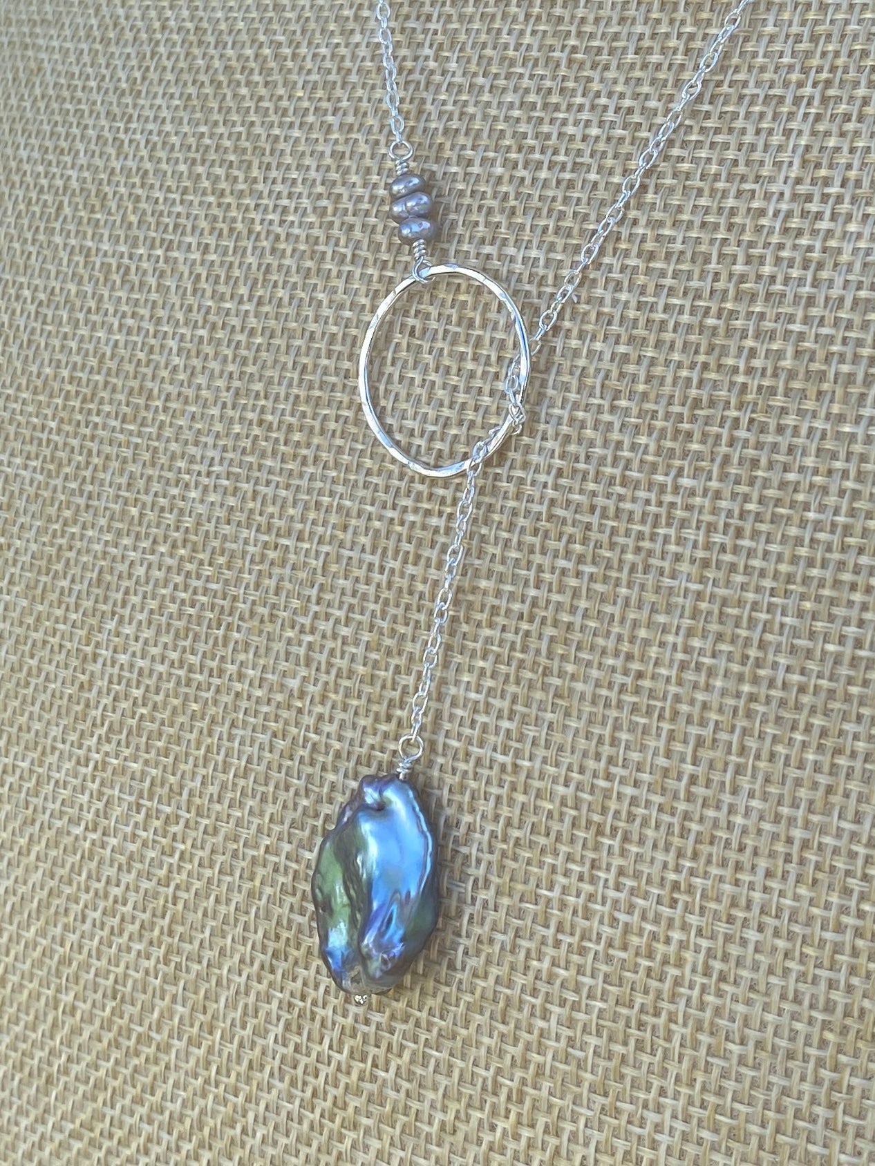 Silver Coastline Lariat - Silver and baroque pearl necklace