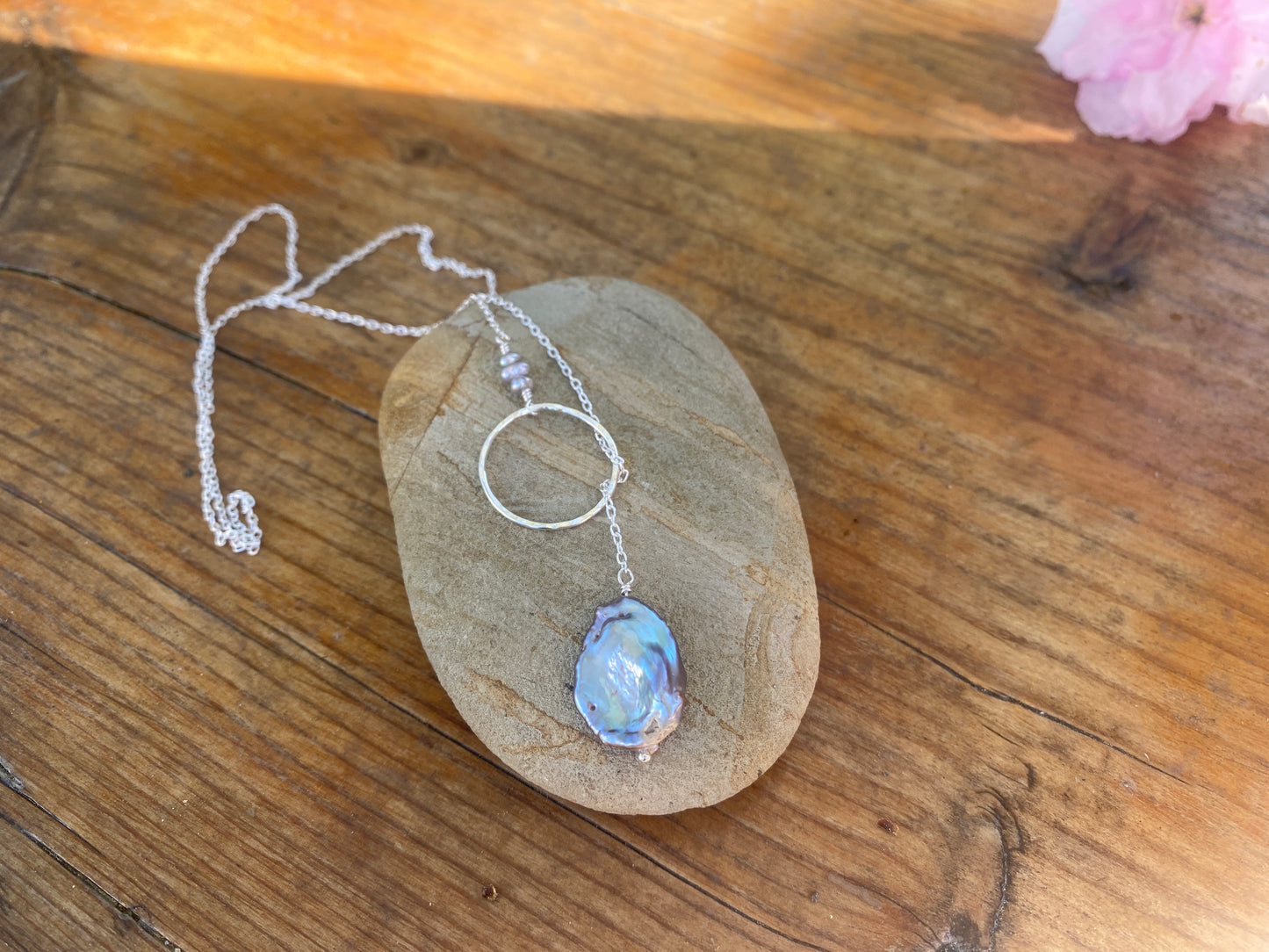 Silver Coastline Lariat - Silver and baroque pearl necklace