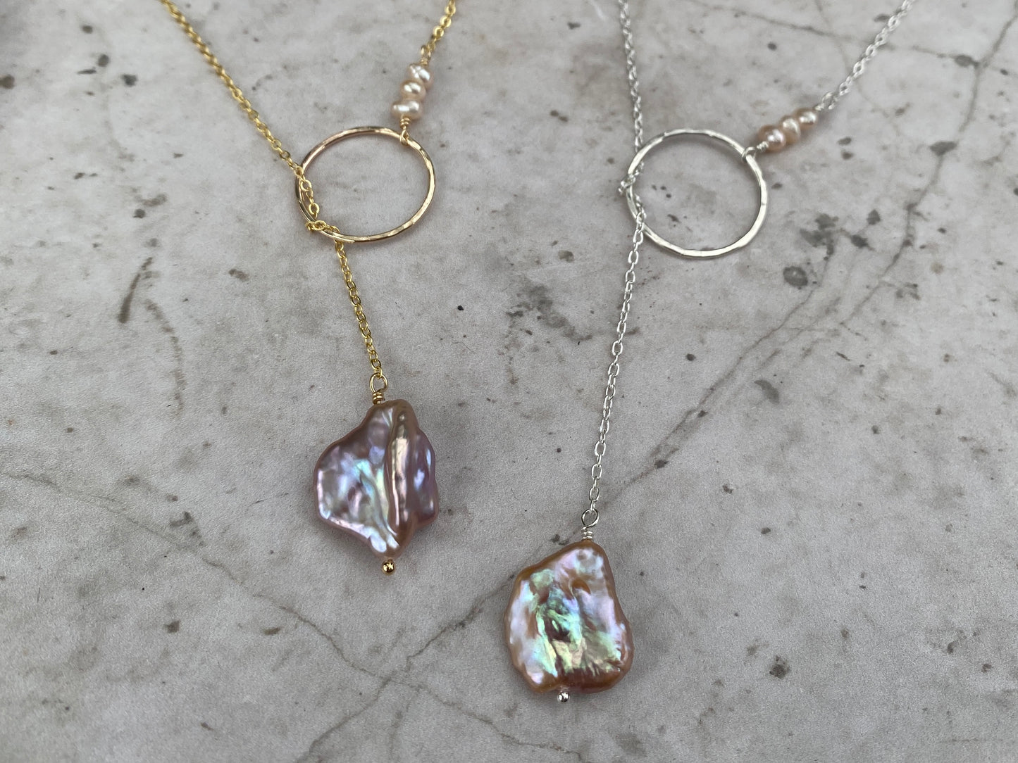 Pink pearl lariat necklaces on gold fill and sterling silver. 