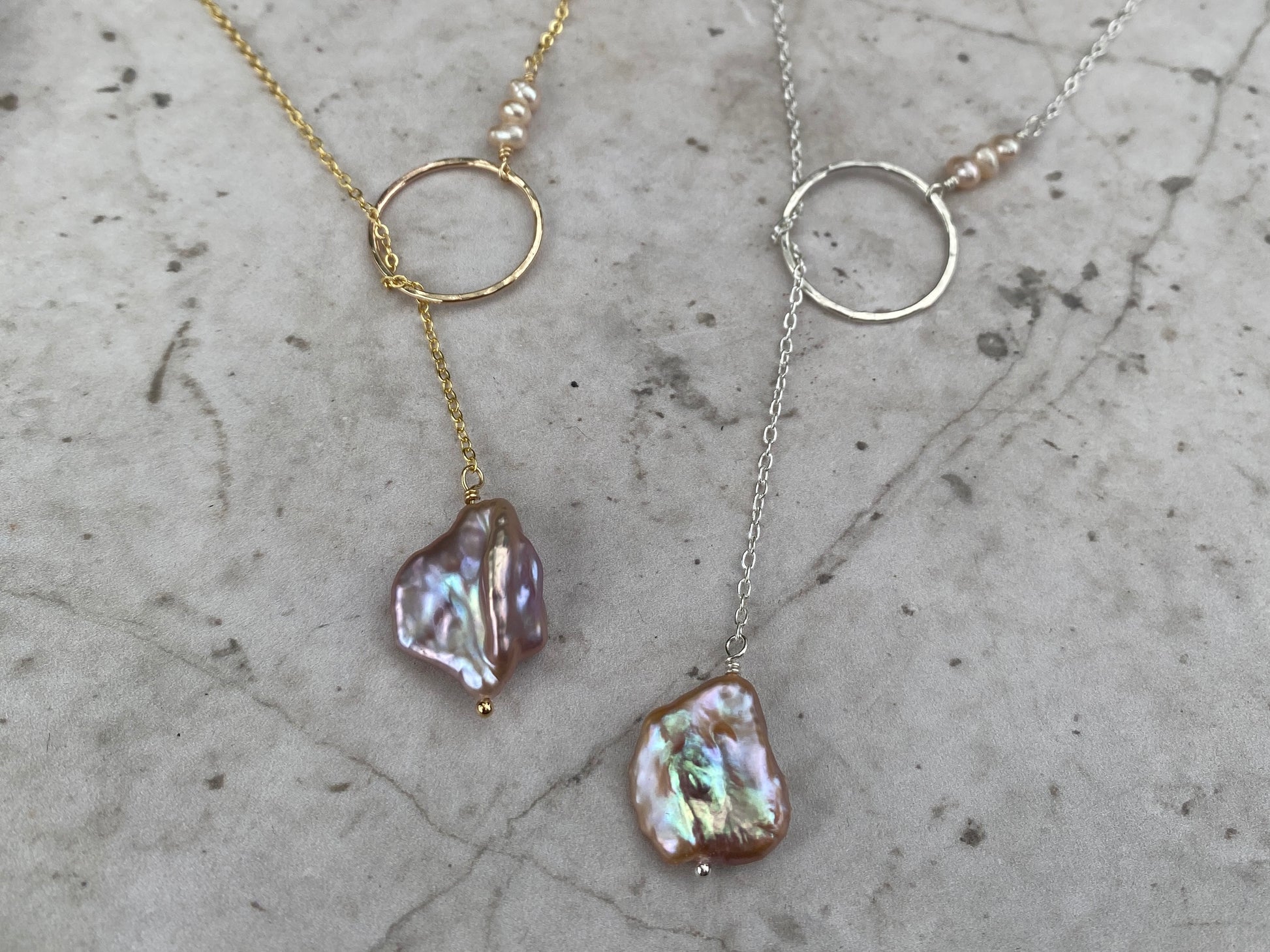 Pink pearl lariat necklaces on gold fill and sterling silver. 
