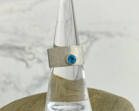 Blue topaz wide band ring, size 6 1/4, blue silver ring, wide silver band