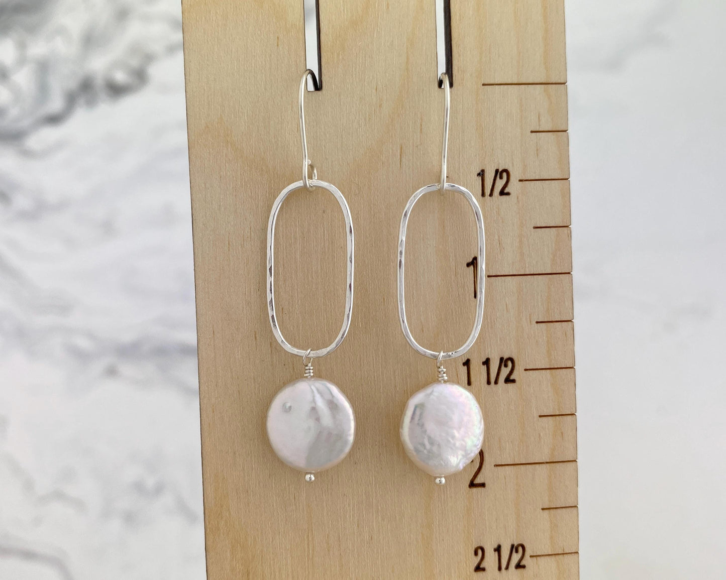 Pearl and silver rectangle earrings, hammered drops, date night jewelry