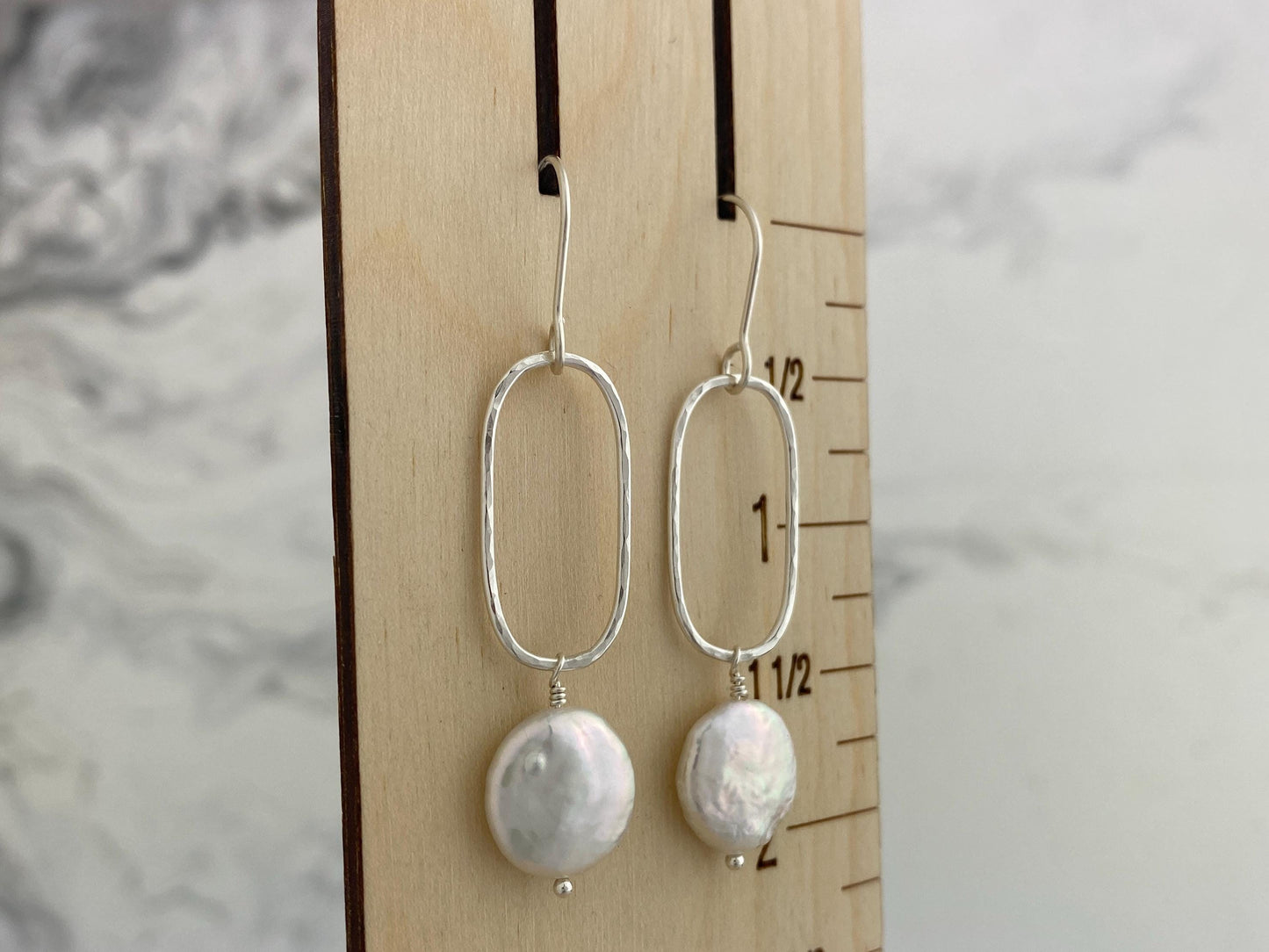 Pearl and silver rectangle earrings, hammered drops, date night jewelry
