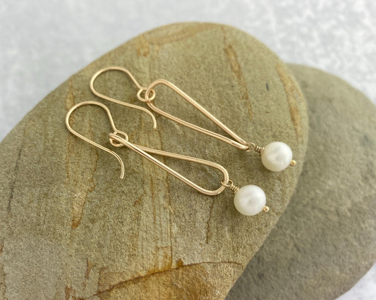 Pearl and gold earrings, twisted gold-fill drops, pearl dangles