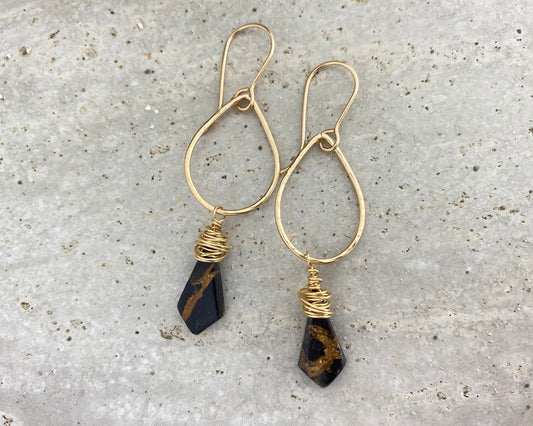 Black Gold Teardrop Earrings, obsidian copper stones on gold-fill, wrapped stones