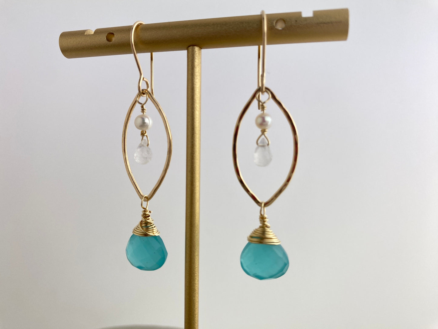 Chalcedony Gold Hoop Earrings, pearl and rainbow moonstone on gold-fill, marquise shape