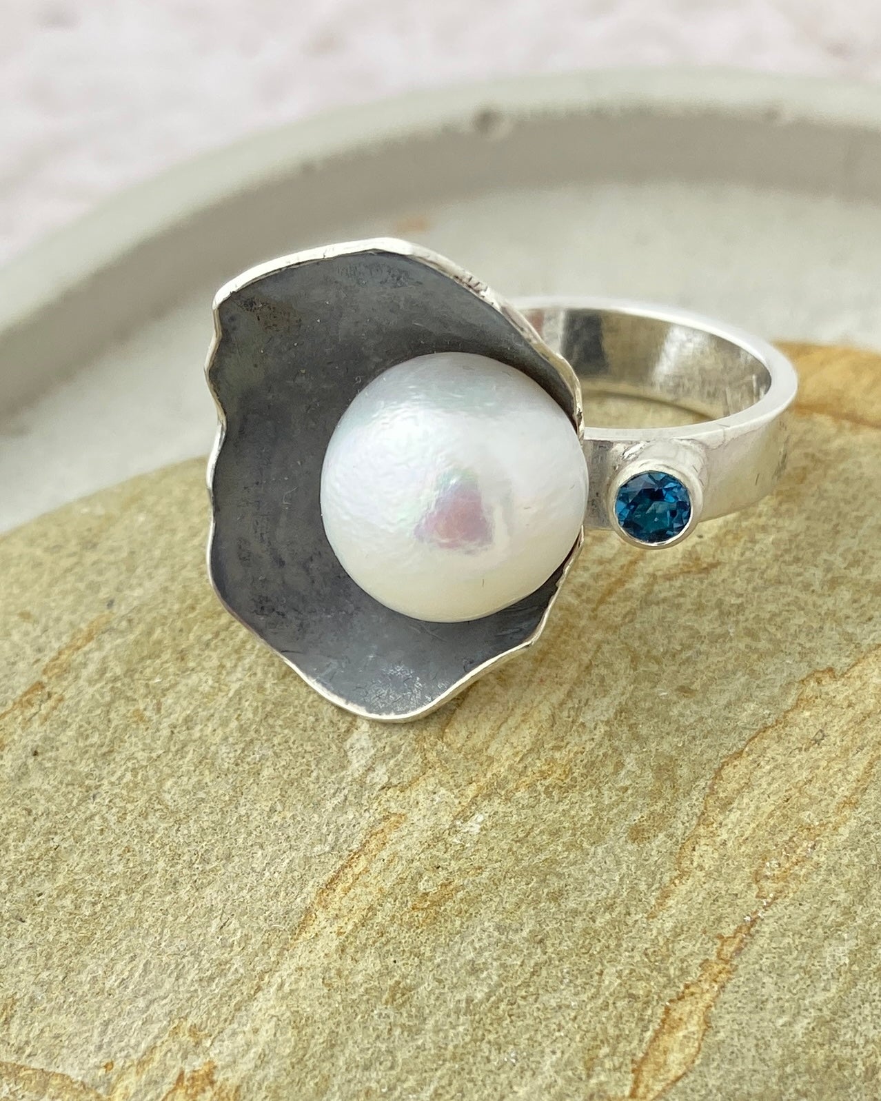 Anemone Ring — White Pearl & Blue Topaz