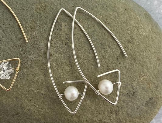 Architectural pearl hoop earrings, silver or gold, pearl, cool earrings